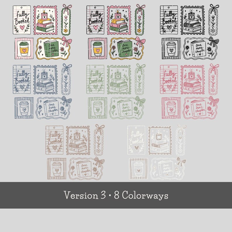 Op de afbeelding: Een digitaal stickervel met acht kleurvarianten van illustraties met een boeken-thema. Elke set bevat een gelinieerd label met de tekst Fully Booked, een stapel boeken met een kaars, een bloemrijke boekenlegger, een koffiebeker en een boek met de tekst One More Chapter.