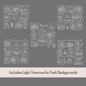 May include: A collection of white line art illustrations on a dark gray background featuring books, armchairs, coffee cups, tote bags, and the text "just one more chapter" arranged in five distinct clusters. The text "Includes Light Versions for Dark Backgrounds" appears at the bottom.