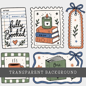 Op de afbeelding: Een verzameling van zes ge&iuml;llustreerde stickers met een bibliotheekkaart met de tekst fully booked, een postzegel met een kaars op boeken, een geschulpt label met een strik, een geruit kader met een koffiemok en een boek met een strik.