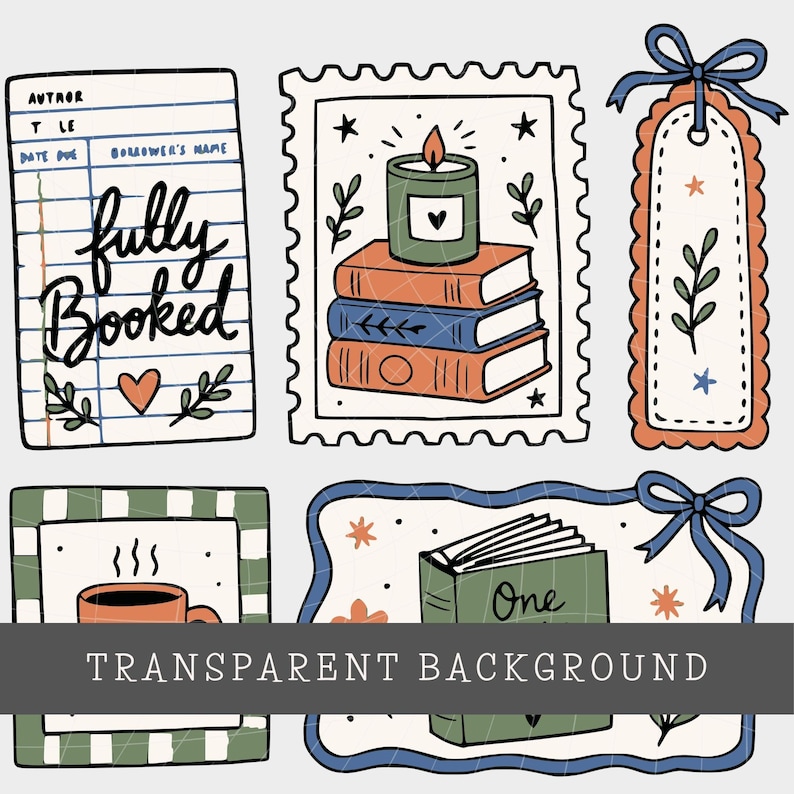 Op de afbeelding: Een verzameling van zes ge&iuml;llustreerde stickers met een bibliotheekkaart met de tekst fully booked, een postzegel met een kaars op boeken, een geschulpt label met een strik, een geruit kader met een koffiemok en een boek met een strik.