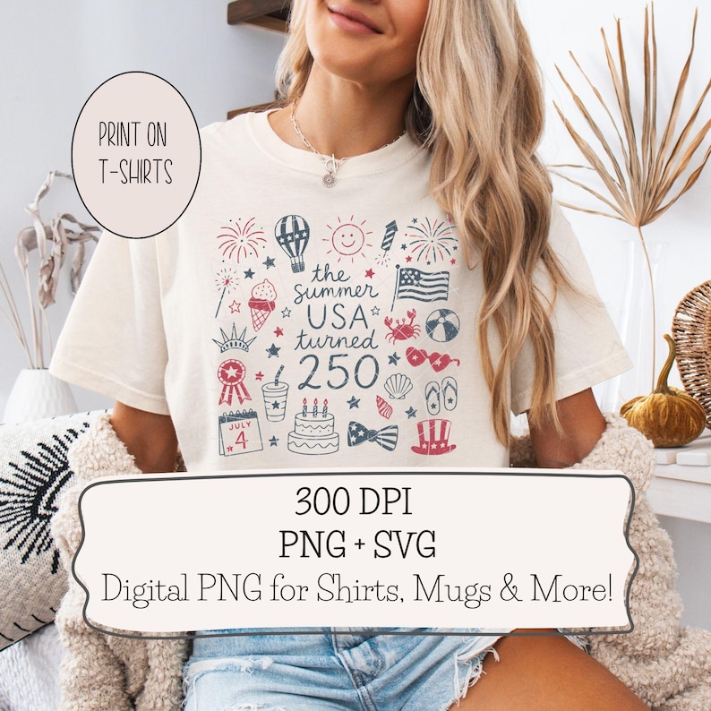USA 250 PNG-paket: T-shirtdesign för amerikanskt 250-årsjubileum, retro patriotisk klotter PNG, sublimeringsdesign för 4 juli (digital nedladdning) bild 2