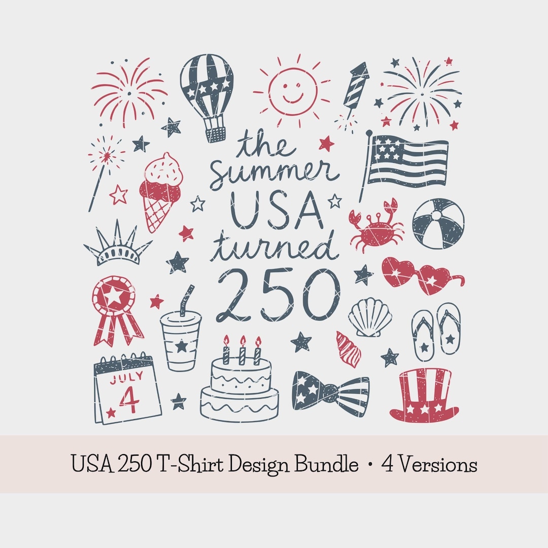 USA 250 PNG Bundle: America 250th Anniversary T-Shirt Design, Retro Patriotic Doodle PNG,