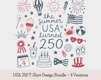 USA 250 PNG Bundle: America 250th Anniversary T-Shirt Design, Retro Patriotic Doodle PNG, July 4th Sublimation Design (Digital Download)