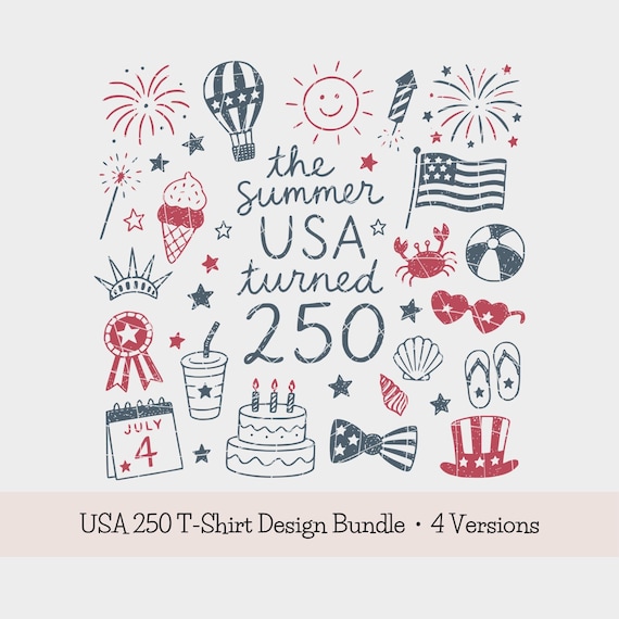 USA 250 PNG Bundle: America 250th Anniversary T-Shirt Design, Retro Patriotic Doodle PNG, July 4th Sublimation Design (Digital Download)