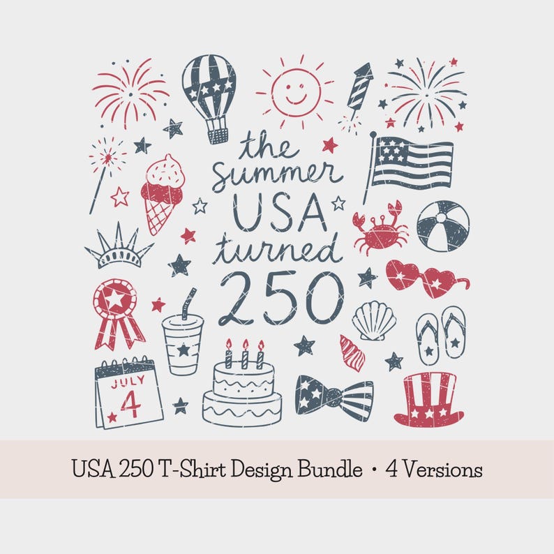 USA 250 PNG-paket: T-shirtdesign för amerikanskt 250-årsjubileum, retro patriotisk klotter PNG, sublimeringsdesign för 4 juli (digital nedladdning) bild 1