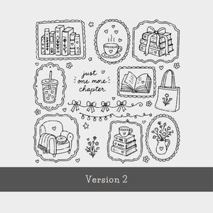 May include: A black and white line art illustration featuring various book-themed doodles including shelves of books, a cup of coffee, a stack of books with a bow, an open book, a tote bag, an armchair, and flowers, with the text just one more chapter.