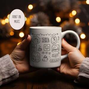 May include: A white ceramic mug featuring black line art illustrations of books, a cozy armchair, a tote bag, and a duck, with the text "just one more chapter" centered among the drawings. The mug has a curved handle and a smooth, cylindrical body.