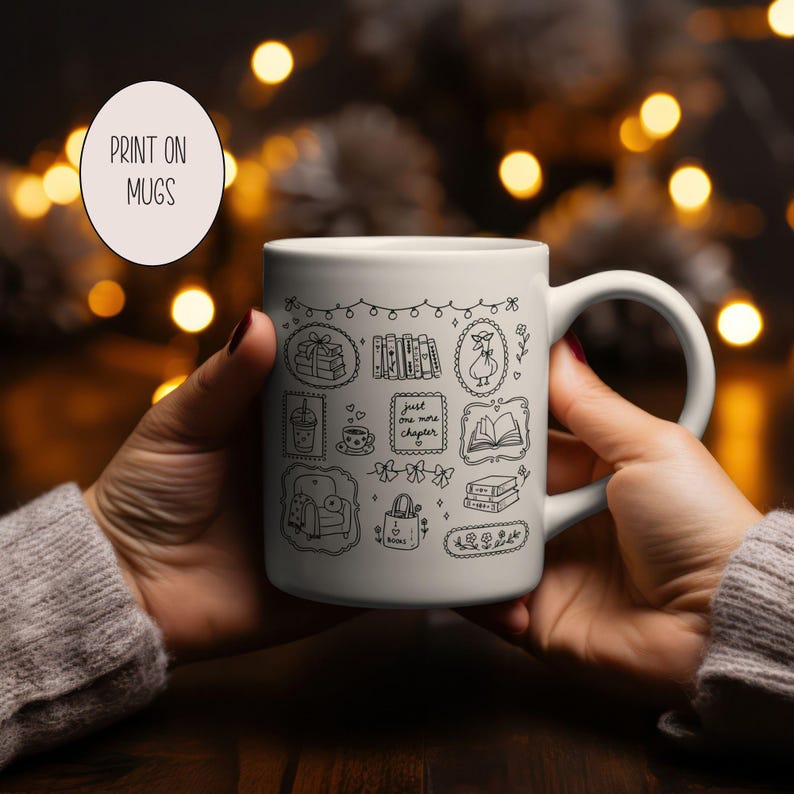 May include: A white ceramic mug featuring black line art illustrations of books, a cozy armchair, a tote bag, and a duck, with the text "just one more chapter" centered among the drawings. The mug has a curved handle and a smooth, cylindrical body.