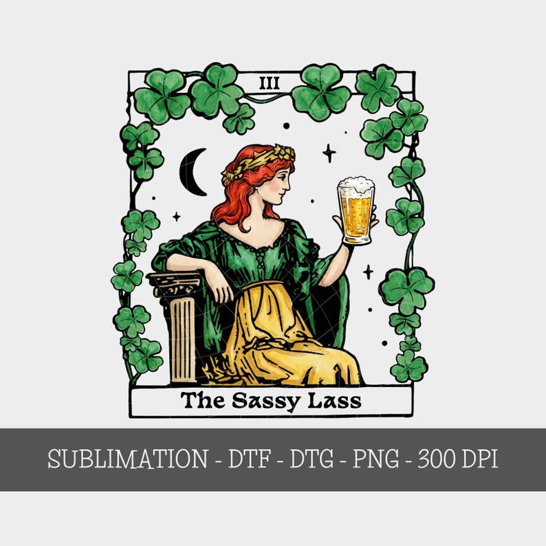 Sassy Lessb Sassy Lass PNG: Vintage Style Tarot Card Beer and Shenanigans Design ...