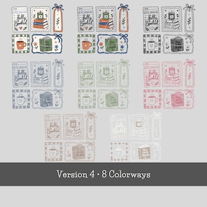 Op de afbeelding: Een digitale illustratieset met acht kleurvariaties van boek-thema iconen, waaronder bibliotheekkaarten met de tekst fully booked, stapels boeken met kaarsen, bladwijzers, mokken en boeken met het opschrift one more chapter en bloemmotieven.