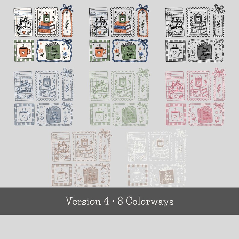 Op de afbeelding: Een digitale illustratieset met acht kleurvariaties van boek-thema iconen, waaronder bibliotheekkaarten met de tekst fully booked, stapels boeken met kaarsen, bladwijzers, mokken en boeken met het opschrift one more chapter en bloemmotieven.