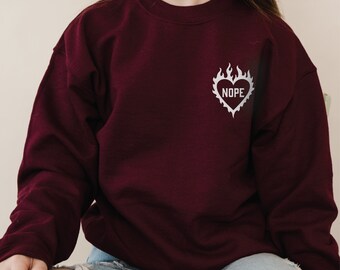 Embroidered NOPE Heart Sweatshirt, Unisex, Oversized, Gildan 18000, Flaming Heart Sweatshirt