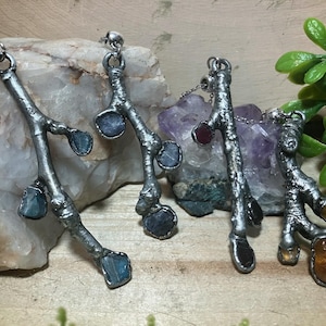 Nature jewelry | real zinc plated copper electroformed twig and gemstone chip necklace | twig pendant | tree necklace | botanical jewelry