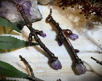 Nature jewelry | witchy jewelry |copper electroformed twig and amethyst dangle earrings | twig earrings | pagan | gothic