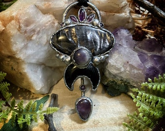 Witchy jewelry | zinc plated copper electroformed hypersthene, black onyx moon, obsidian and amethyst pendant necklace | gothic jewelry