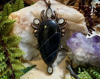 Witchy jewelry | copper electroformed hand sculpted black agate and rainbow moonstone pendant necklace | gothic jewelry | goth necklace