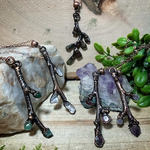 Branch necklace | copper electroformed twig and gemstone chip necklace | twig pendant | botanical jewelry | nature inspired