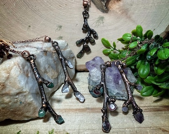 Branch necklace | copper electroformed twig and gemstone chip necklace | twig pendant | botanical jewelry | nature inspired
