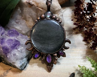 Witchy jewelry | real copper electroformed leaf, silver obsidian, amethyst, and black lip shell pendant necklace | nature jewelry