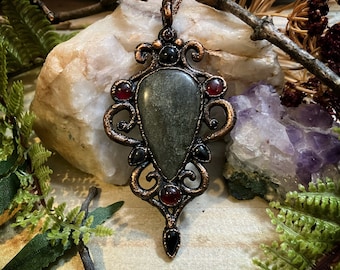 Gothic jewelry | copper electroformed hand sculpted golden obsidian, black onyx, and garnet pendant necklace | witchy jewelry