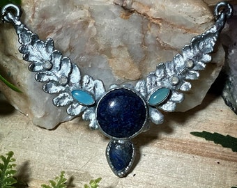 Fern necklace | real zinc plated copper electroformed fern leaf, lapis lazuli, chalcedony and rainbow moonstone bib necklace | leaf pendant