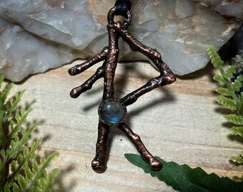 Bind rune necklace | real copper electroformed twig and labradorite energy bind rune pendant necklace | magical jewelry | Viking jewelry