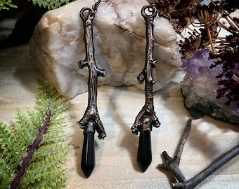 Nature jewelry | real copper electroformed twig, obsidian and peridot earrings | witchy jewelry | gothic jewelry