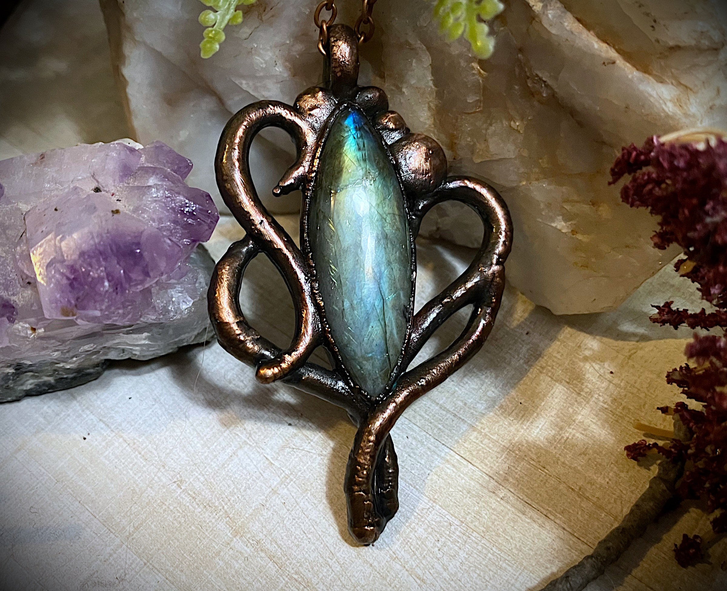 Witchy jewelry | gothic jewelry | copper electroformed hand sculpted labradorite pendant necklace | filigree necklace | strega