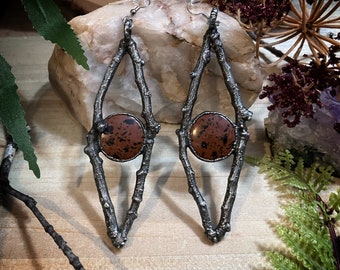 Witchy jewelry | real zinc plated copper electroformed twig and mahogany obsidian earrings | nature jewelry | gothic jewelry