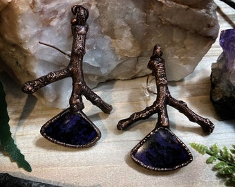 Witchy jewelry | Real copper electroformed twig and charoite earrings | nature jewelry | cottagecore