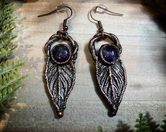 Nature jewelry | real copper electroformed leaf and amethyst earrings | leaf earrings | witchy jewelry