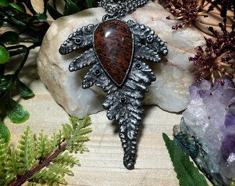 Fern necklace | real zinc plated copper electroformed fern leaf, mahogany obsidian and black onyx pendant necklace | nature jewelry | witchy