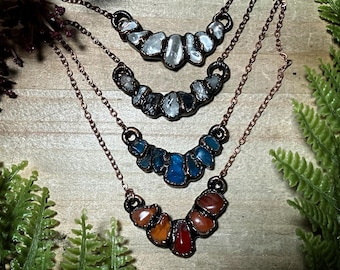 Gemstone bar necklace | copper electroformed gemstone chip necklace | carnelian necklace | apatite jewelry | rutilated quartz necklace