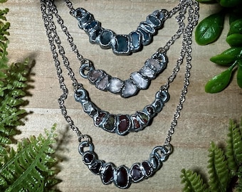 Gemstone bar necklace | zinc plated copper electroformed gemstone chip necklace | garnet necklace | January birthstone | rose quartz jewelry