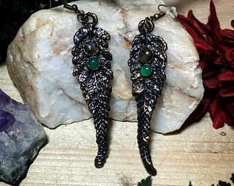Leaf earrings | real copper electroformed fern leaf, labradorite and green onyx earrings | fern earrings | botanical jewelry