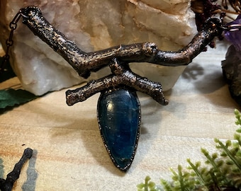 Nature jewelry | real copper electroformed twig and apatite necklace | witchy jewelry | strega