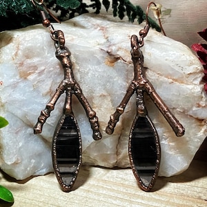 Witchy earrings | real copper electroformed twig and midnight lace obsidian earrings | twig earrings | nature jewelry