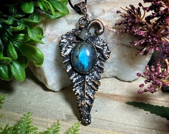 Fern necklace | real copper electroformed fern leaf and labradorite pendant | nature jewelry | witchy necklace