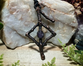 Bind rune necklace | real copper electroformed twig and amethyst health bind rune pendant necklace | viking jewelry | magical jewelry