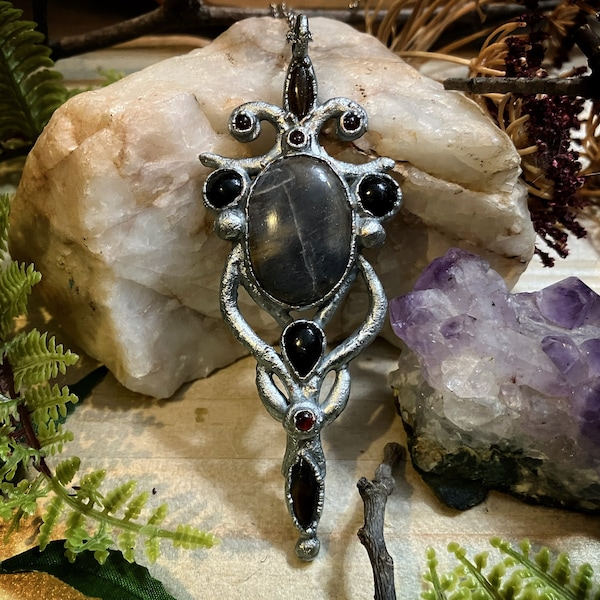 Witchy jewelry | Zinc plated copper electroformed hand sculpted black sunstone, black onyx, tiger eye and garnet pendant necklace | gothic