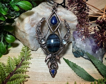 Witchy jewelry | real copper electroformed fern leaf, blue tiger eye, black lip shell, and Lapis lazuli geometric pendant necklace | gothic