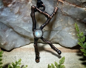 Rune necklace | real copper electroformed twig and rainbow moonstone creativity bind rune pendant necklace | creativity talisman