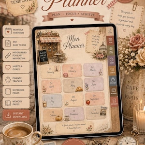 Könnte beinhalten: Ein digitaler Planer auf einem Tablet-Bildschirm mit einem Monatskalender-Layout, zwölf beschrifteten Monaten, floralen Illustrationen und Texten wie All-in-One Digital Planner, Mon Planner und einer Größe von 21,6 cm mal 27,9 cm.