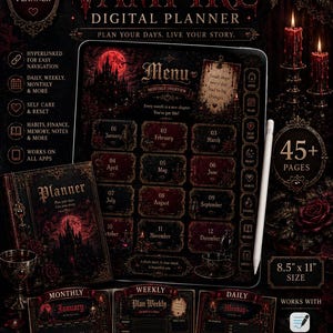 May include: A digital planner titled Victorian Vampire featuring a dark gothic aesthetic with red roses, candles, and a castle silhouette. The planner includes monthly, weekly, and daily layouts, 45+ pages, and is compatible with apps like Goodnotes.