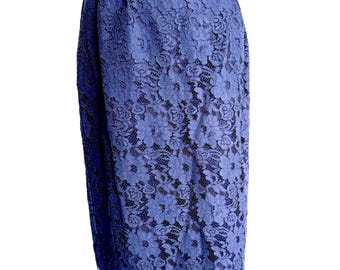 Vintage navy lace below the knee pencil skirt, cotton blend, elastic waist, size 12