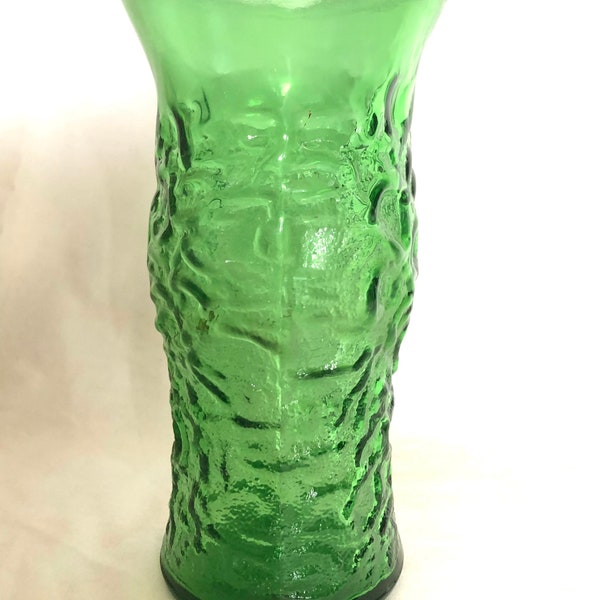 Textured pressed emerald green glass vintage vase, no chips or cracks, 9.5” tall