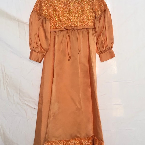 1960’s vintage little girl’s satin and brocade full length formal dress for holiday or flower girl.