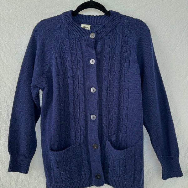 70s 80s dark blue acrylic cardigan by ADES California, vintage size L, front cable knit, button front, two front patch pockets, 38" bust