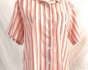 Vintage 80s Striped Blouse: Red & White Cotton Blend, Size L