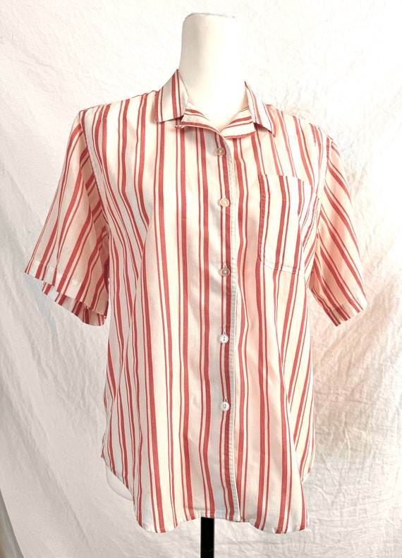 80s red & white striped cotton poly blend blouse, 